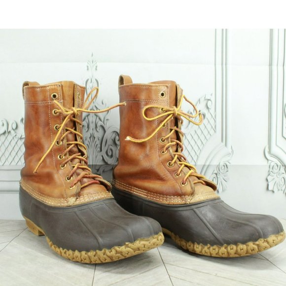 LL Bean Brown Leather Lace Up Round Toe Unlined Mid Calf Duck Boots Size 11 M - Picture 3 of 10